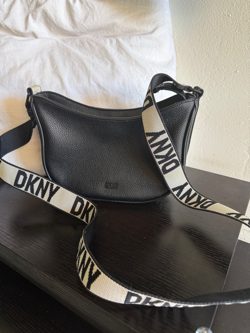 DKNY Black Pebbled Leather Shoulder Bag with Cream Logo Strap